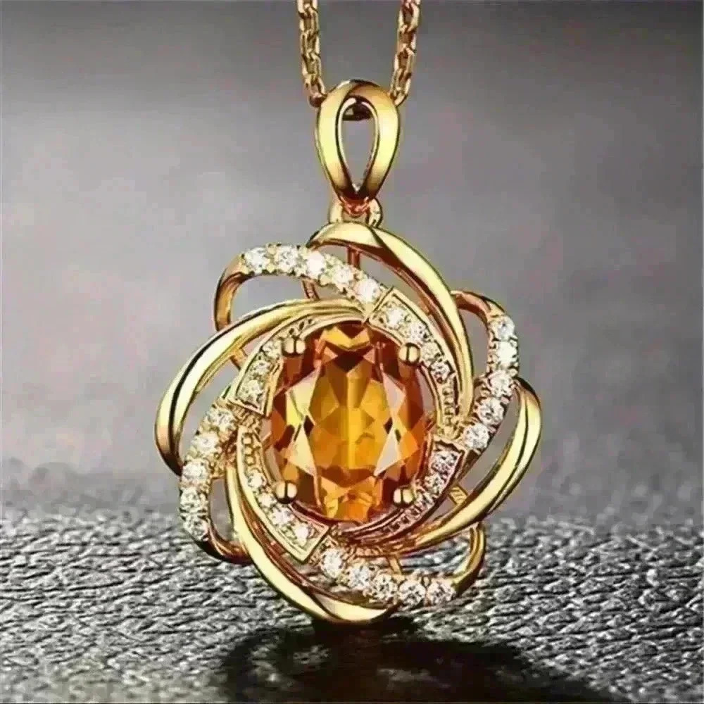 Elegant Topaz/White Rhinestones in Sunflower Pendant, 16” Necklace, Gold-Plated